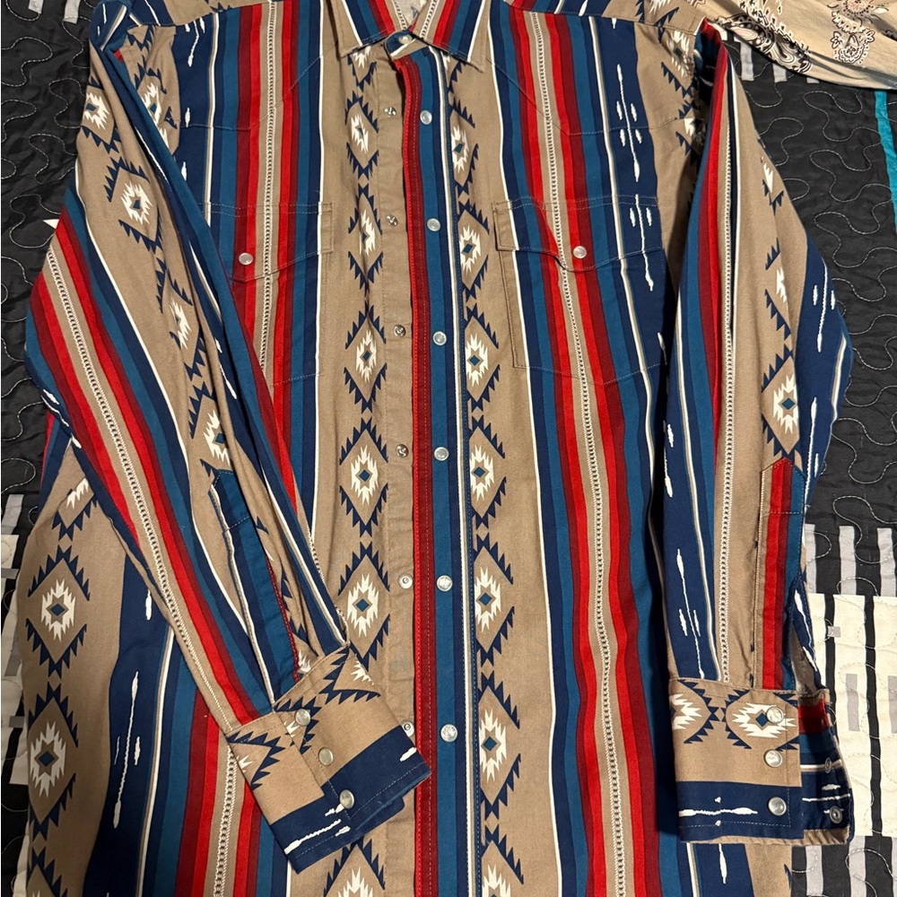 Wrangler Men's Red and Blue Aztec Button Down Shirt
